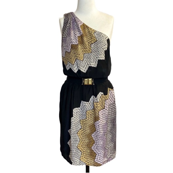 BCBG MAXAZRIA BLACK SPIDER WEB SUNBURST ONE SHOULDER BELTED SILK DRESS IN XS - Picture 5 of 9